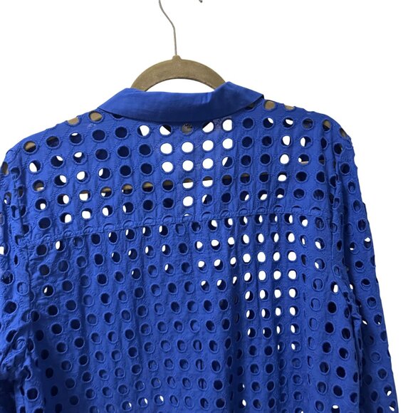 Simply Vera Vera Wang Blue Eyelet Long Sleeve Button-Up Shirt Sz L Sheer - Picture 9 of 10